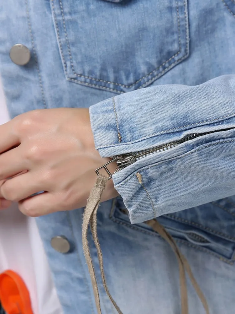 BPN Casual Hit Color Denim Jackets For Women Lapel Long Sleeve Patchwork Tassel Single Breasted Loose Jackets Female Clothes New