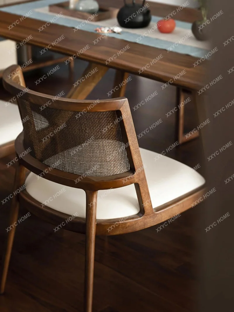 

Retro Solid Wood Dining Chair Hotel Restaurant Quiet Wind Soft Bag Leisure Rattan Chair Rattan Chair