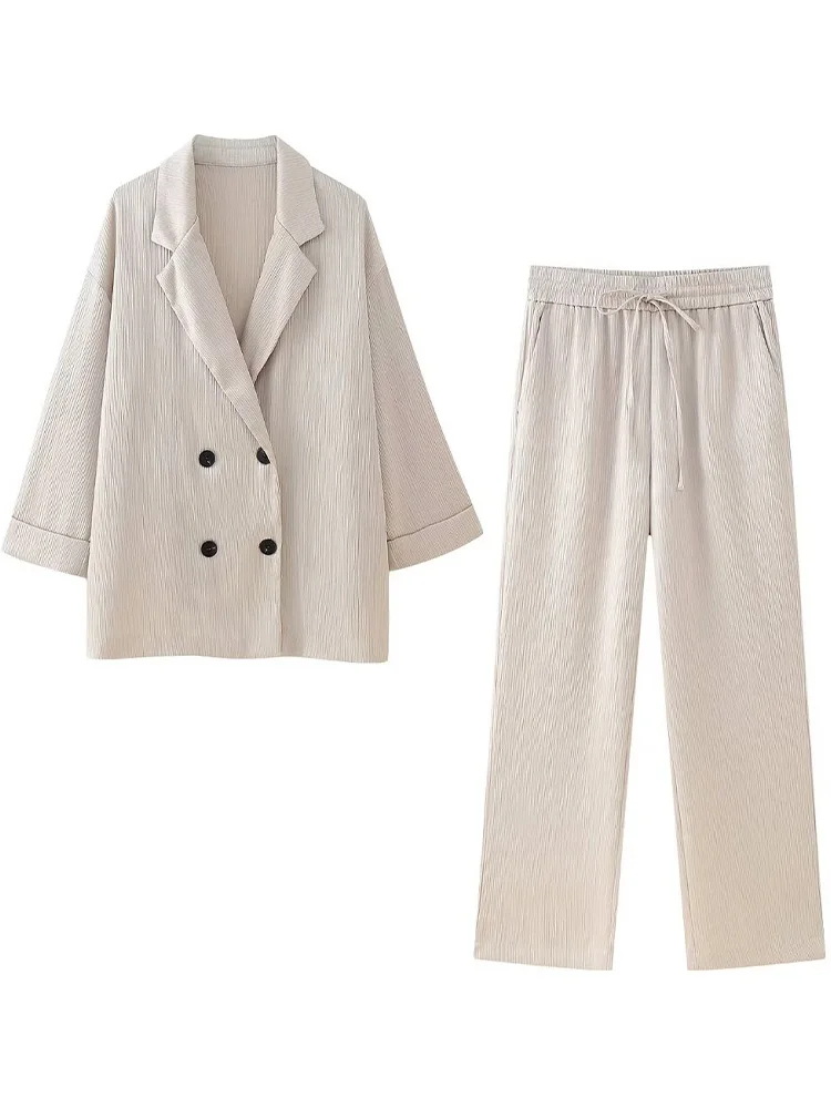 Willshela Women Fashion 2 Piece Set Solid Double Breasted Blazer & Vintage Elastic Waist Trousers Feamle Chic Lady Pants Sets 2