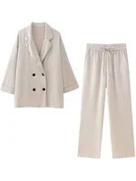Willshela Women Fashion 2 Piece Set Solid Double Breasted Blazer & Vintage Elastic Waist Trousers Feamle Chic Lady Pants Sets 2