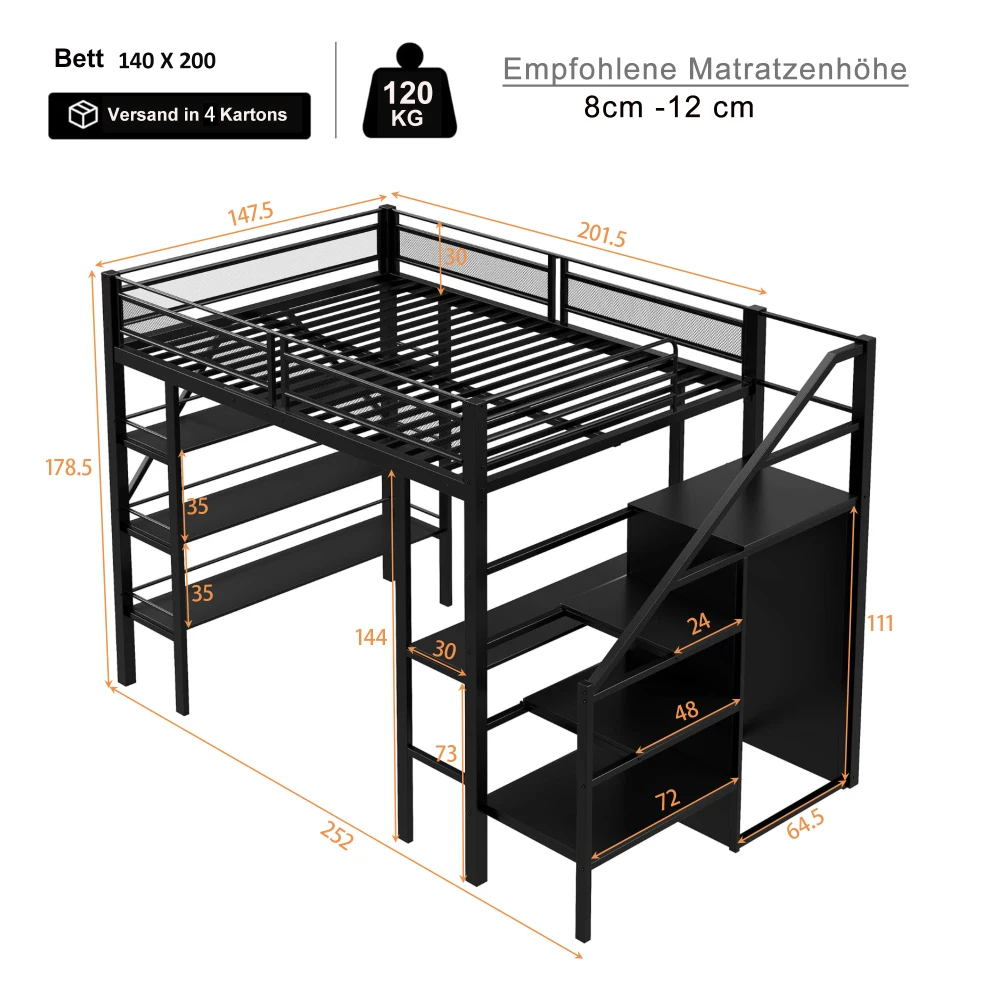 Hochbett aus Eisen 140*200cm, Dreischichtige Aufbewahrungsschiene, Schreibtisch, Kleiderschrank, Sicherheitsstufen mit Staufach, Hoher Zaun – Detail 21