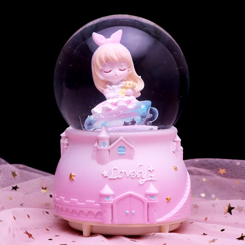 Creative Cartoon Girls Crystal Ball Romantic Color Light Snow Music Box Home Desktop Decoration Valentine's Day Birthday Gifts