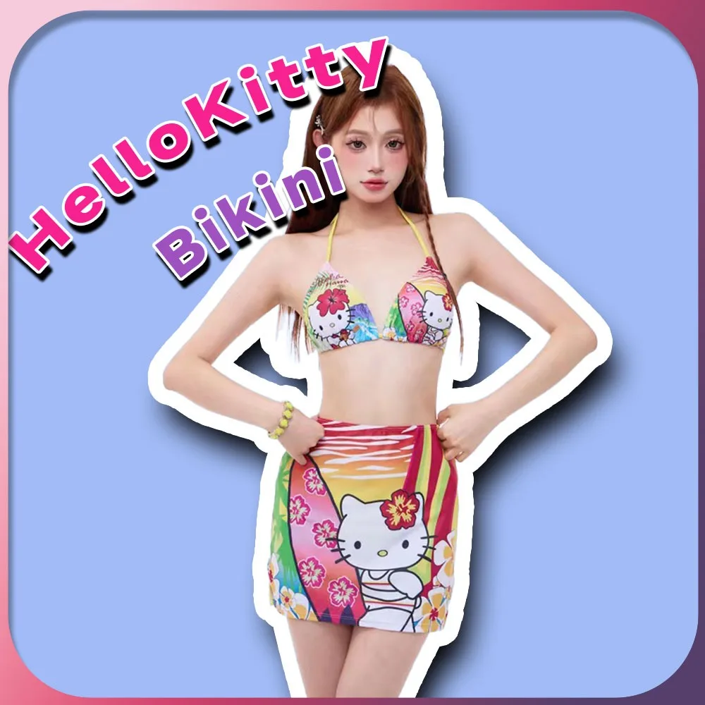 

Kawaii Hello Kitty Bikini Set Sanrio 3 Piece Cute Anime Swimsuits Sexy Bathing Swimwear Gift for Girls Ladies