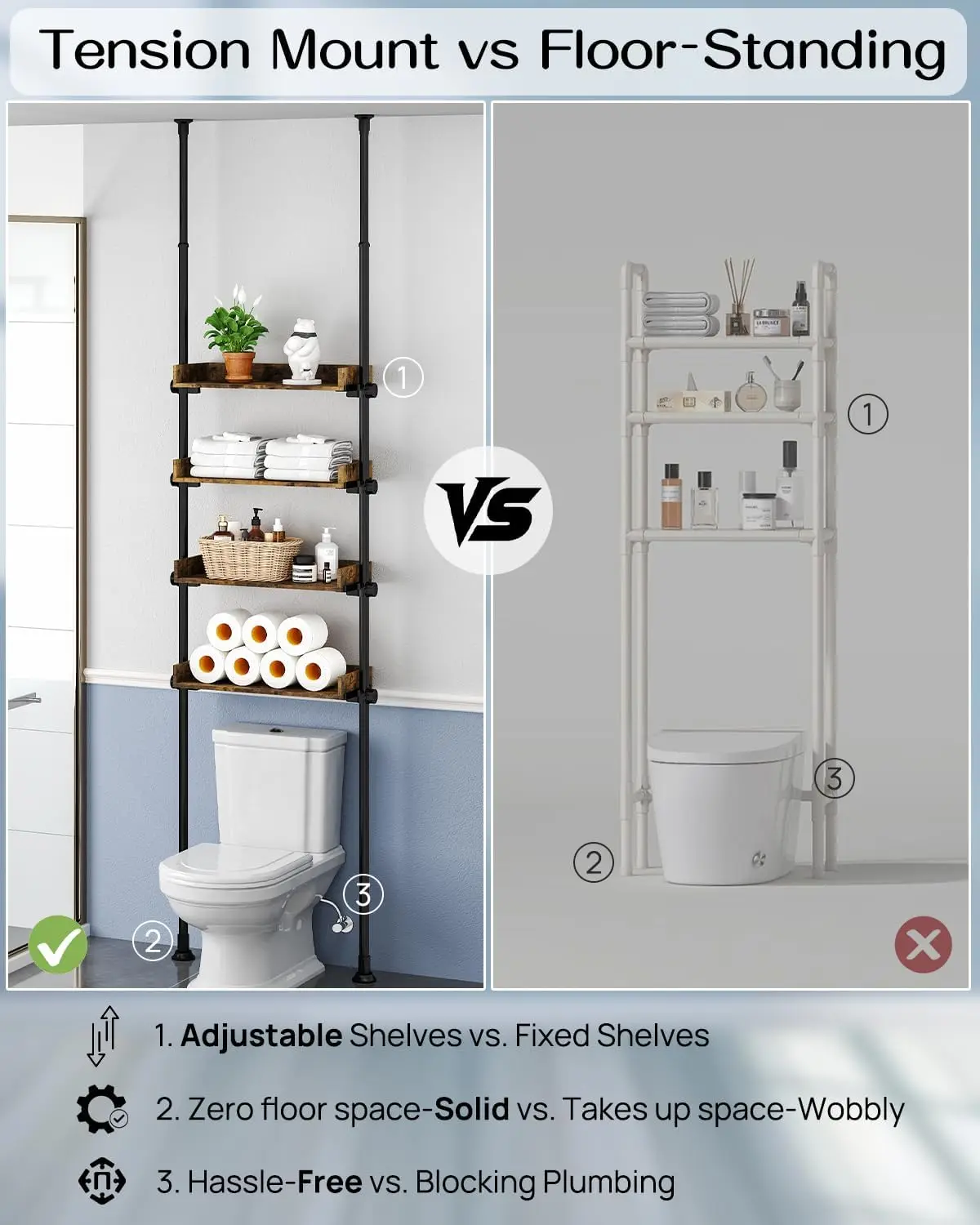 Bathroom Organizer. Over Toilet Storage. 4-Tier Adjustable Wood Shelves. 92-116" Tall. Rustic Brown.