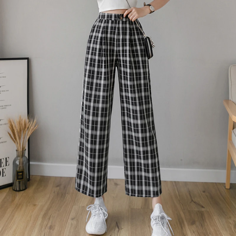 JMPRS Harajuku BF Women Plaid Pants Loos High Waist Korean Button Ankle-Length Pants Fall Cotton Linen Wide Legs Trousers New capris women