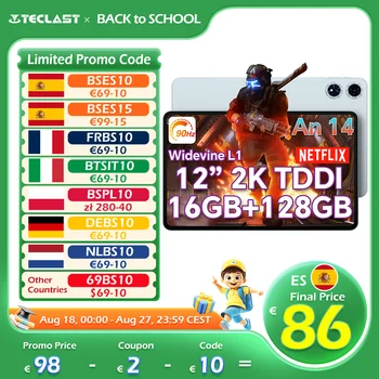 【 New】Teclast T60 Plus 12 pollici TDDI 90Hz 2K 2000x1200 Android 14 Tablet Widevine L1 MTK Helio G88 (6GB RAM + 10GB di espansione) 16GB RAM 128GB ROM 8000mAh 4G LTE Dual SIM TF fino a 1TB 1