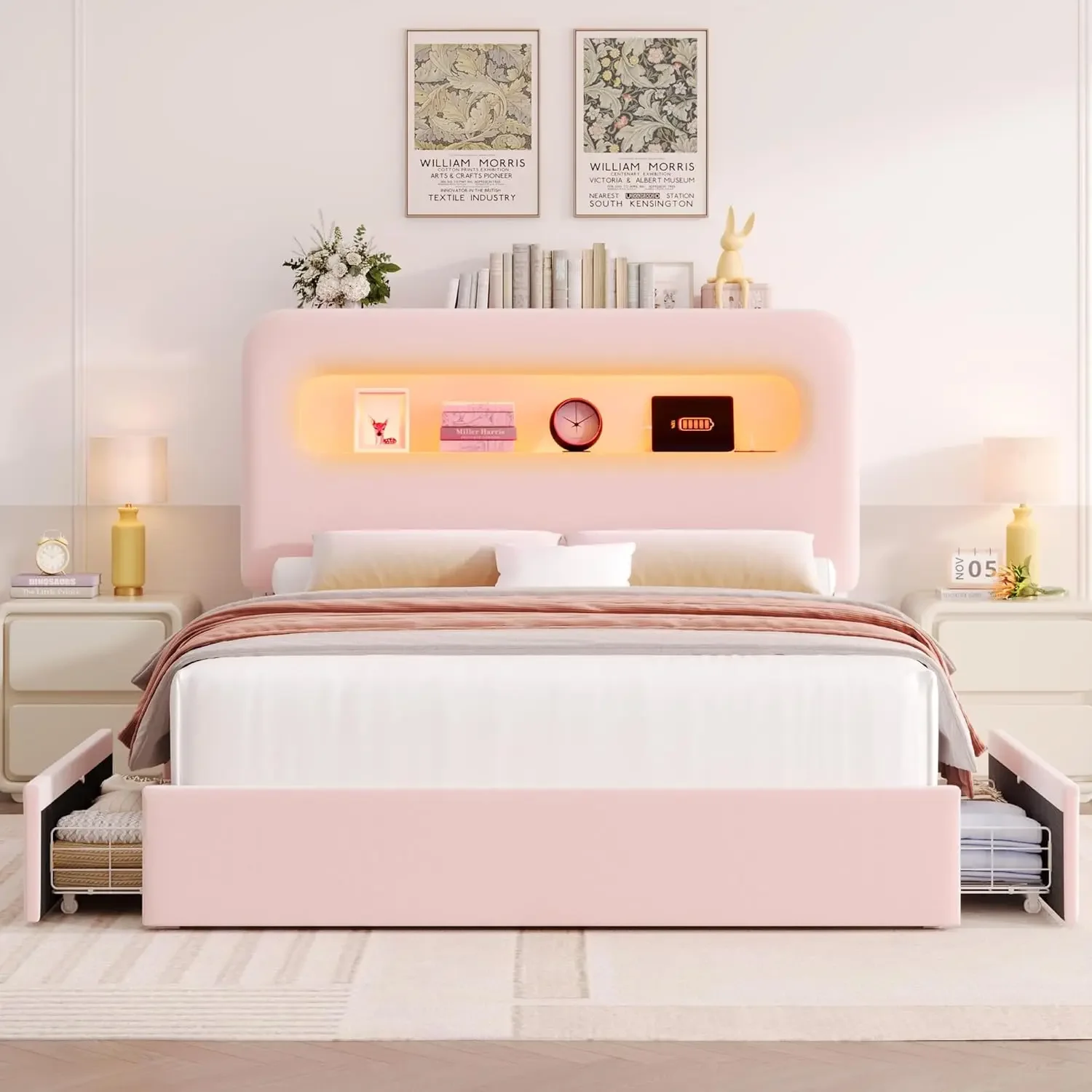 Full LED Bed Frame with Storage Headboard and Charging Station, Girls Bed Frame with 2 Drawers and USB Ports, Velvet Upholstered