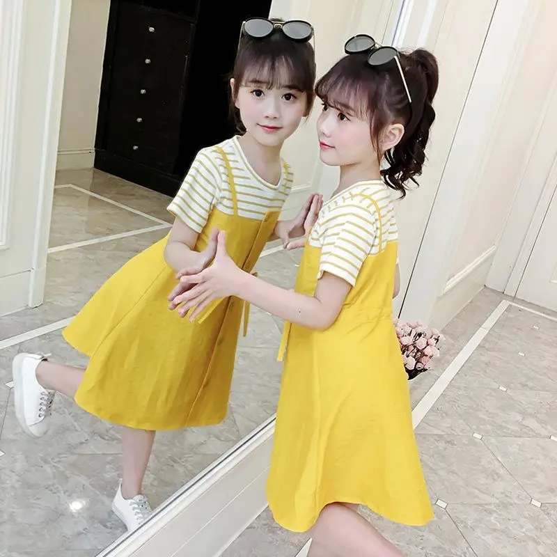 

Girl Summer Dresses 2023 New Cute Patchwork Short Sleeve Striped Fake Two Elegant Girls Dresses for School Princess Kid Clothes