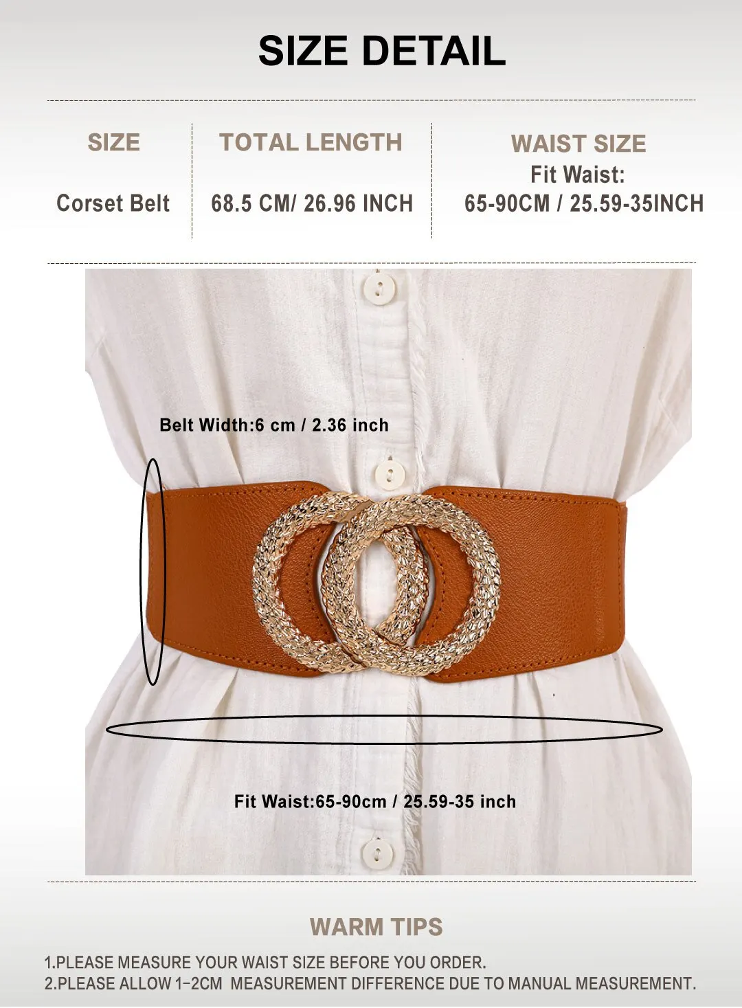 Ceinture élastique pour femme, ceinture double cercle en métal pour robe