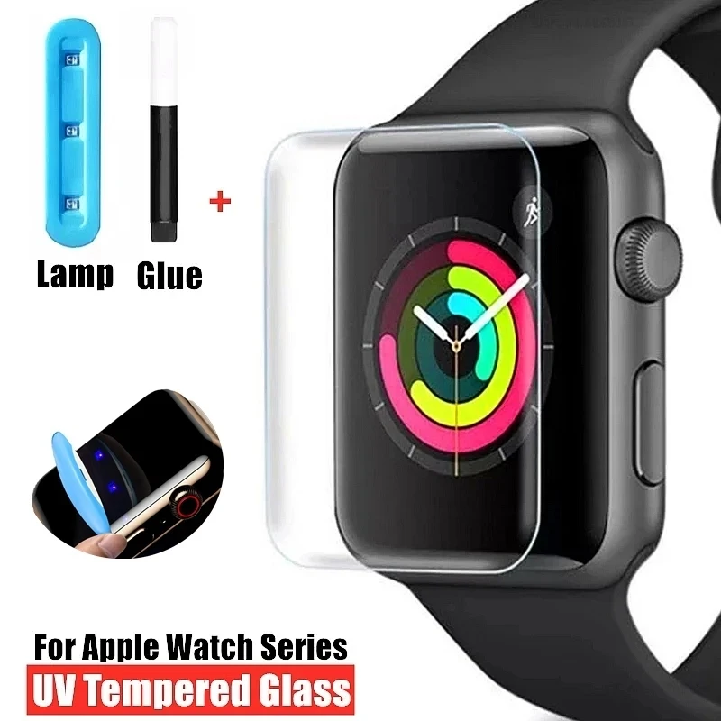UV Glue Tempered Glass Protective Film For Apple Watch Series 9 8 7 4 5 6 SE Screen Protector iWatch 42 40 44 41 45 MM 45MM 44mm