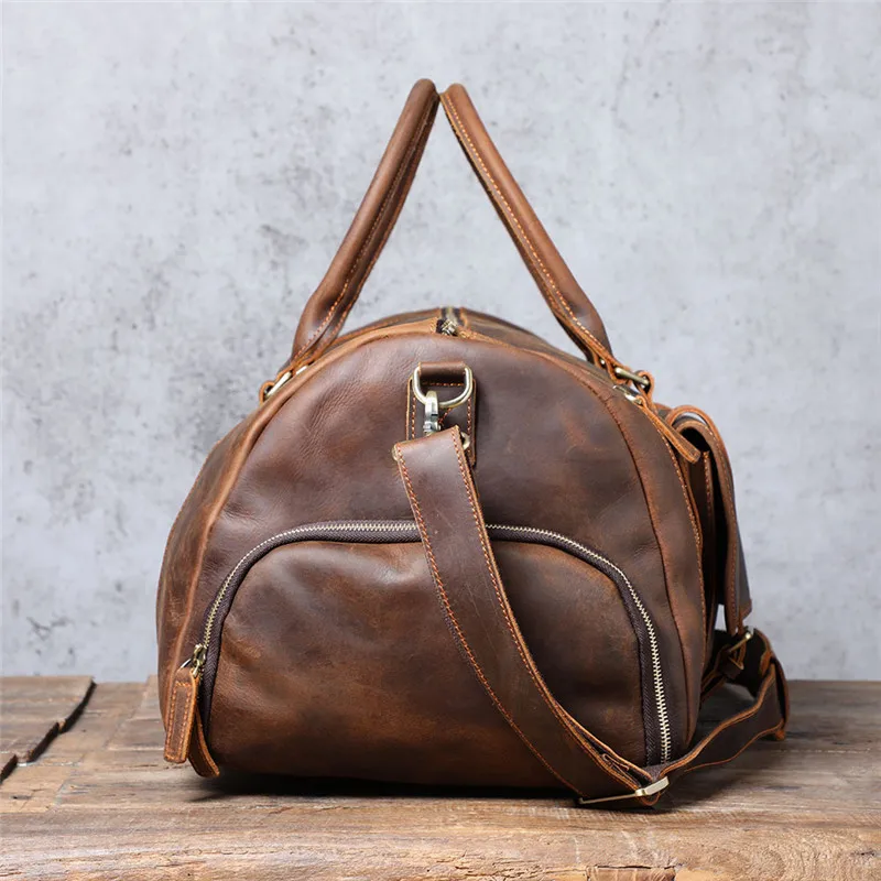 Vintage large capacity genuine leather travel bag natural crazy horse cowhide handbag duffel bag outdoor weekend luggage bag