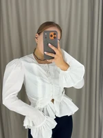 Haut plissé uni à manches lanternes pour femme, décontracté, avec volants, ourlet asymétrique, boutonnage simple, cordon de serrage, coupe courte, pour usage quotidien 3