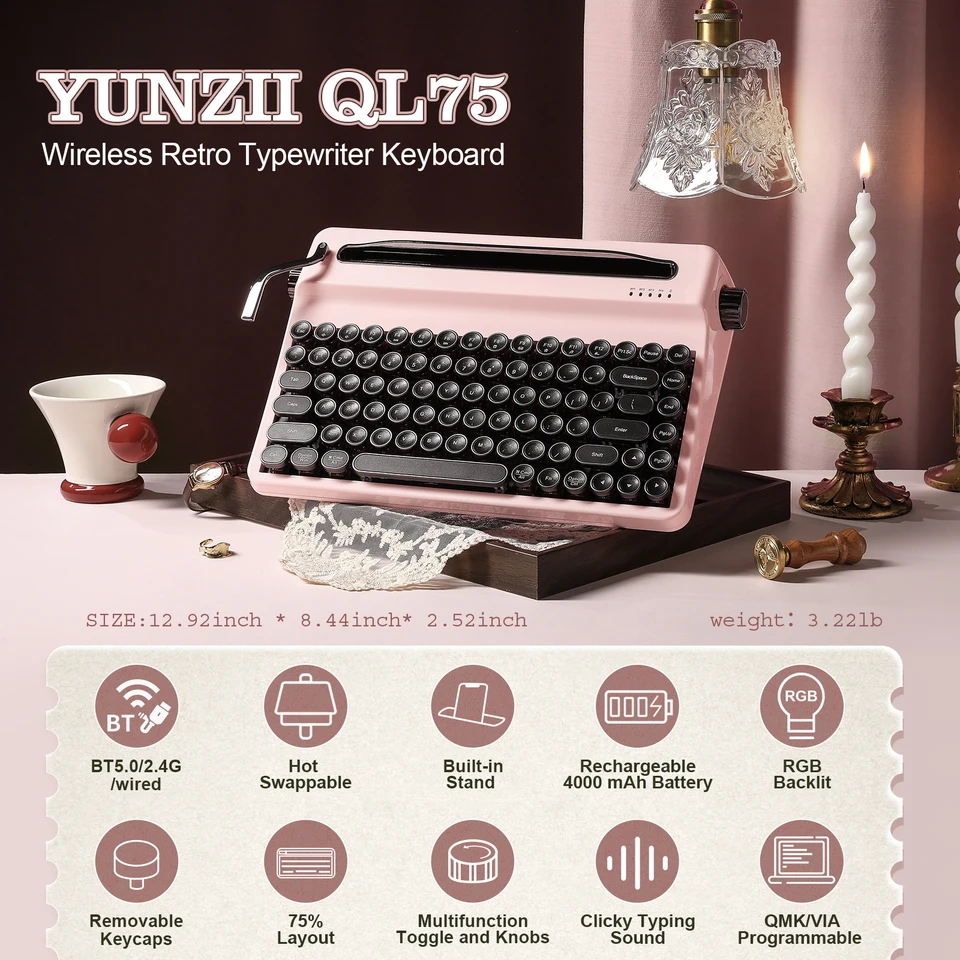 YUNZII QL75 ピンクタイプライター メカニカルキーボード、QMK