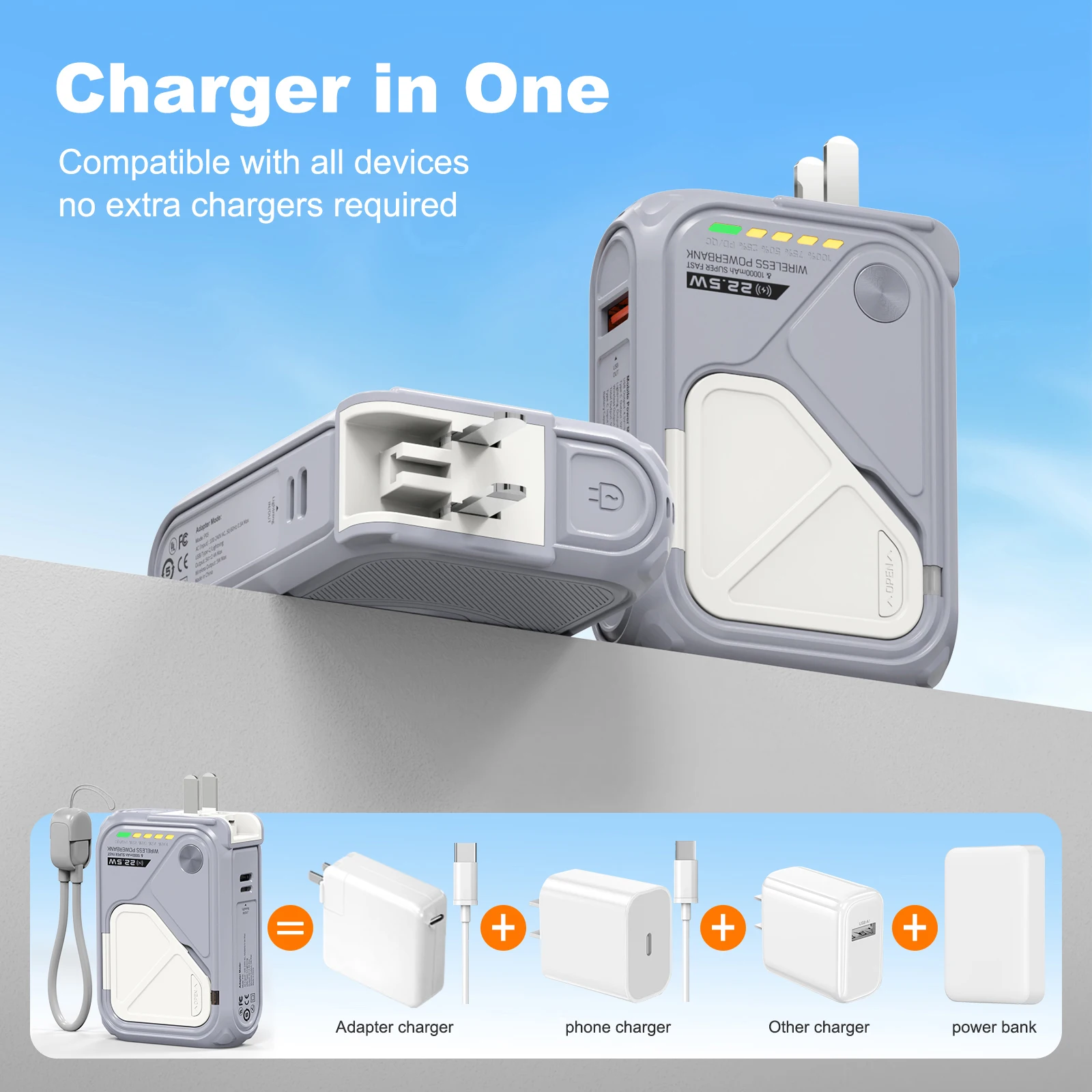 PD 22.5W Fast Charging 10000mAh Magnetic Wireless Power Bank USB Type-C Detachable Data Cable Phone Holder Emergency PowerBank 2