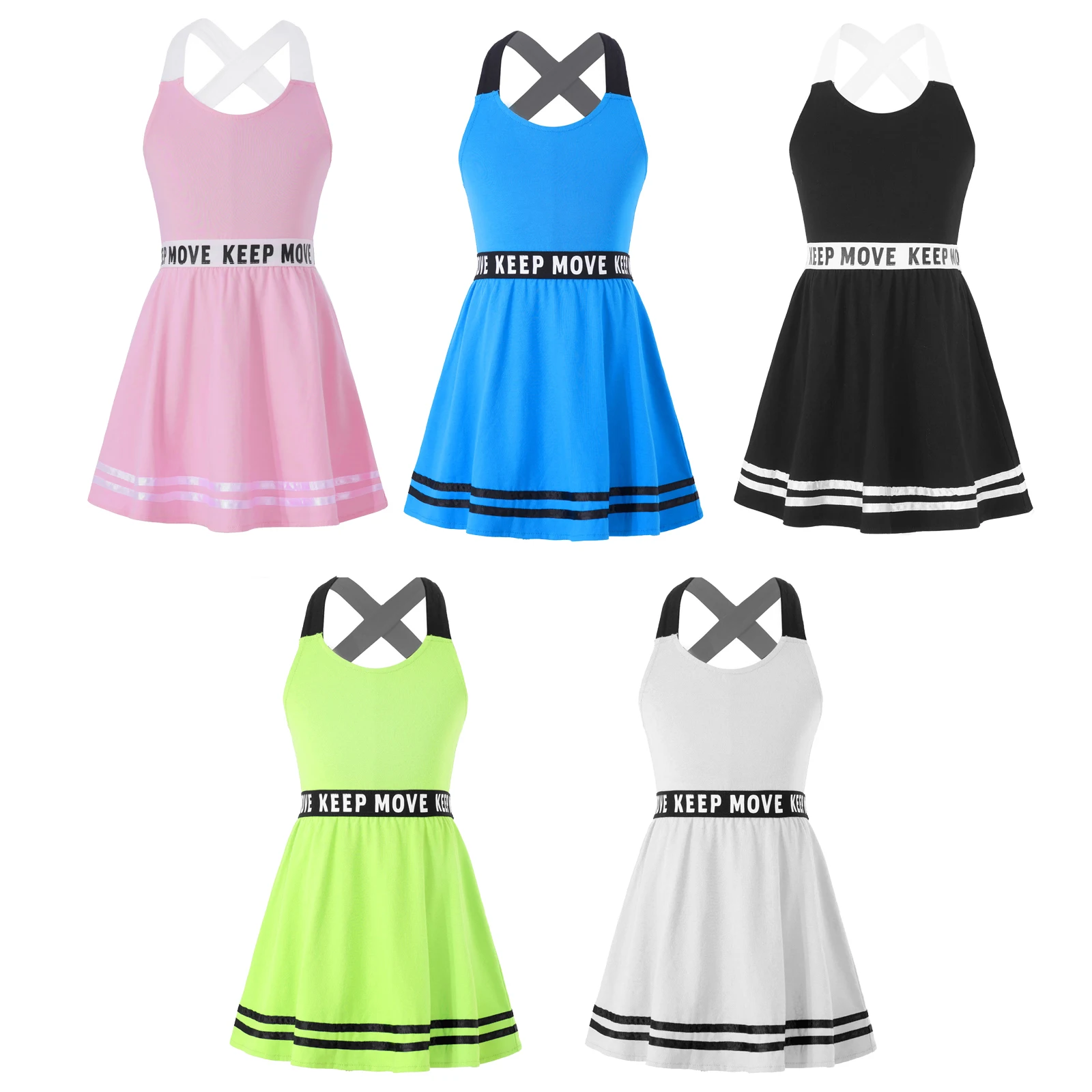 Kids Girls Tennis Athletic Dress Criss Cross Shoulder Straps Letters Printed A-line Athletic Dress for Workout Exercise Sports