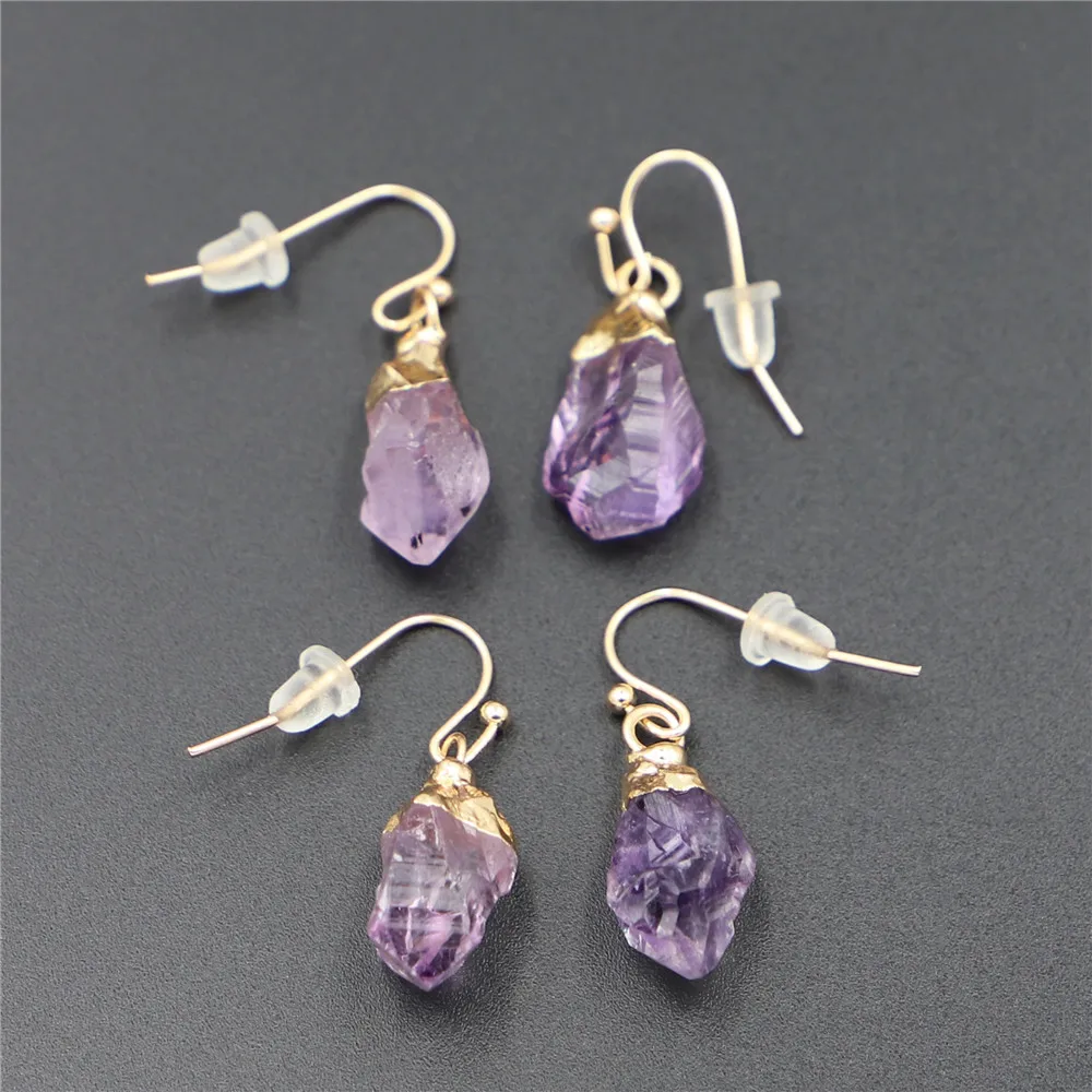 

Reiki Healing Small Raw Rock Natural Amethysts Women Earrings Mineral Stone Long Crystal Quartz Dangle Earrings Female Wholesale