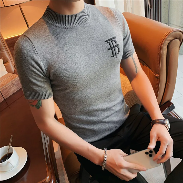 Luxury Men Summer Knitted T-shirt High Quality Slim Fit O-neck Tops Jacquard Tees Brand Clothing Social Club Pullovers T-Shirt