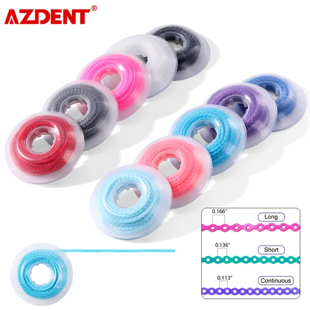 AZDENT Dental Orthodontic Elastic Power Chain Colored Rubber Band 4.57m=15feet/Spool Long Short Continuous Power Chain