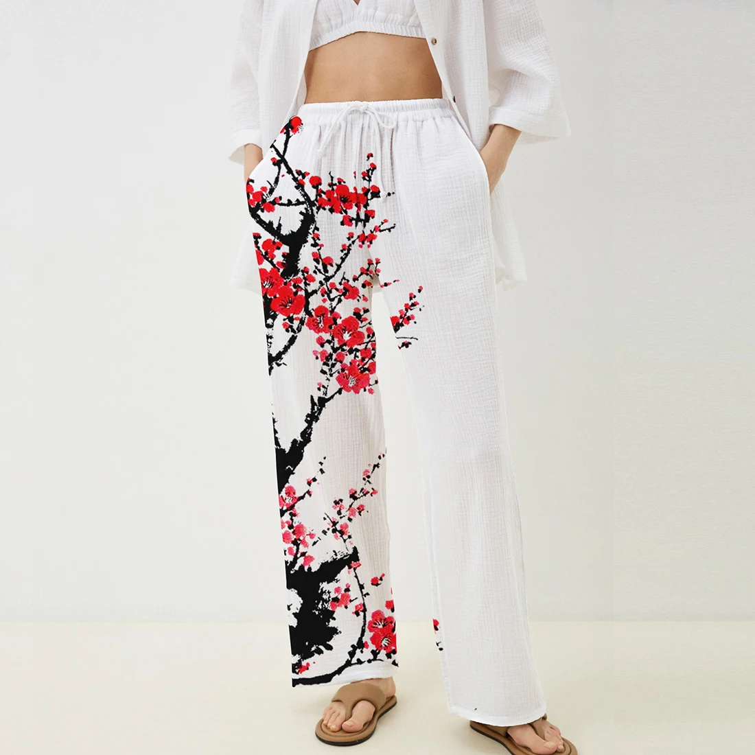 2023 Spring/Summer Fashion Plum Blossom 3D Digital Printing Women's Bamboo Cotton Pants Beach Leisure Quick Dry Dance Pants