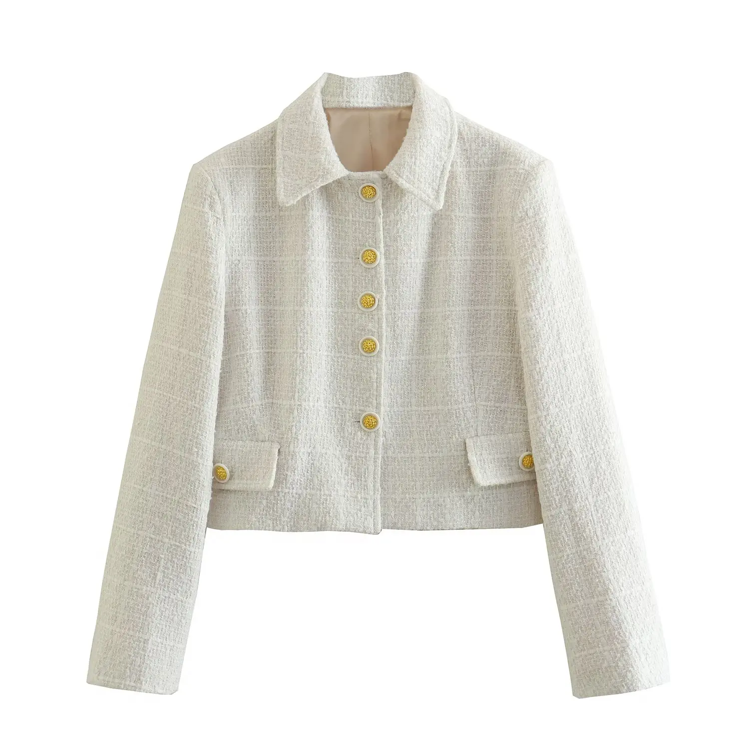 

Woman Chic Beige Tweed Short Blazer 2023 Spring Female Single Breasted Textured Crop Blazer Ladies High Street Straight Outwear