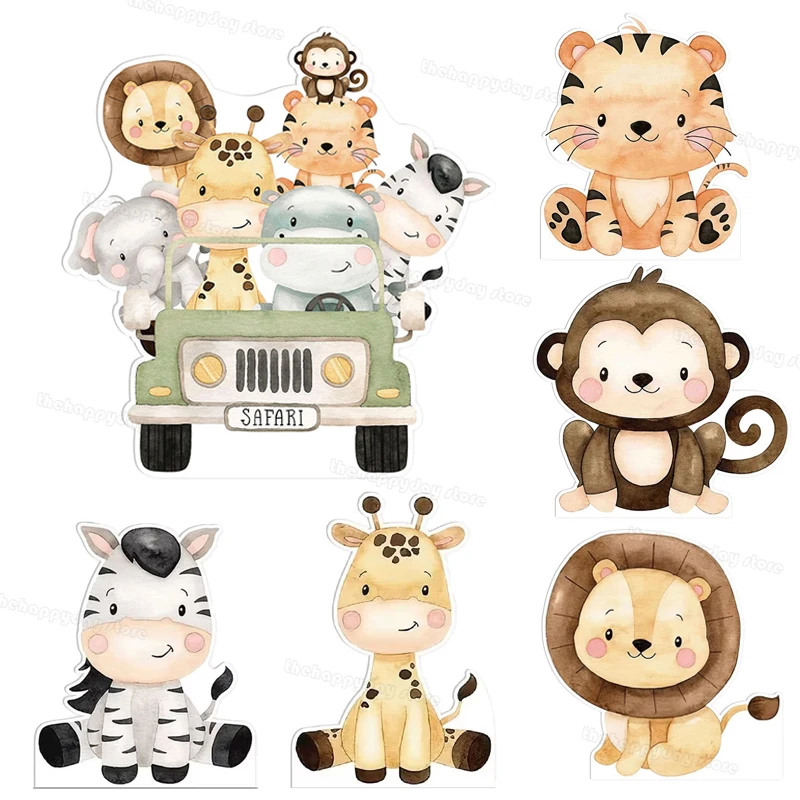 6Pcs Jungle Animals Cutouts KT board Safari Birthday Party Backdrop Monkey Lion Zebra Wild One Birthday Baby Shower Party Decor