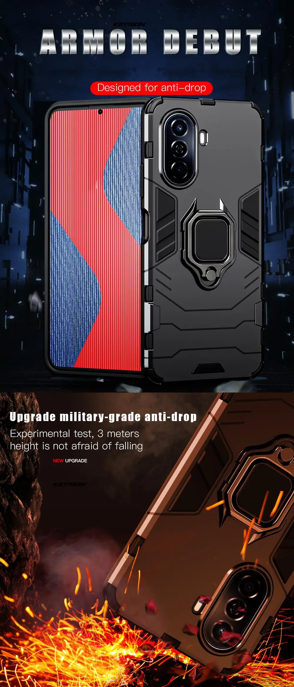 Custodia antiurto KEYSION per Huawei Nova Y70 Plus Custodia posteriore in silicone + PC con supporto ad anello in metallo per Huawei Nova Y70_voghion.com