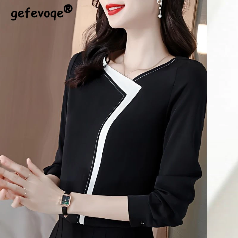 Autumn Women Korean Fashion Patchwork Designer Blouse Office Lady Business Casual Shirts V Neck Long Sleeve Tops Elegante Blusas