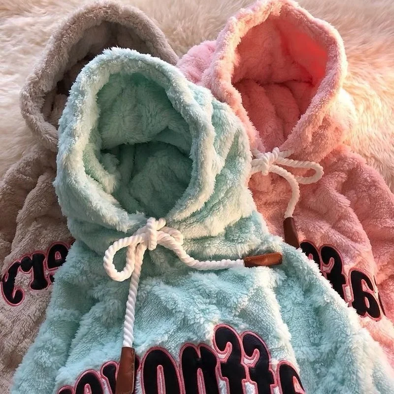 Loose Retro High Sense Hoodie 2024 Cute and Gentle Letter Embroidery Plus Velvet Thick Lamb Wool Sweater Women Autumn and Winter