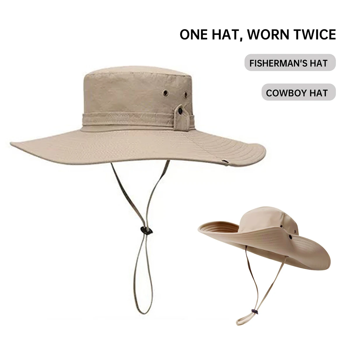 Large Brim Drawstring Mountaineering Hat Fisherman Hat Sun Protection Travel Basin Hat Spring and Summer Western Cowboy Hat Camping Sun Hat Outdoor Sports