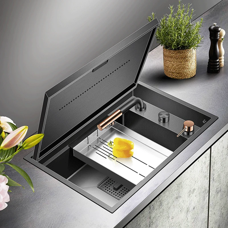 Nanometer Black Flip Cover Hidden kitchen Sink SUS 304 Stainless Steel 4mm Thickness Handmade kitchen Sinks Lifting Faucet