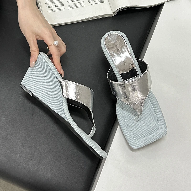 ZOOKERLIN Summer New Women's Sandals Slippers Wedges Women's Slippers Open Toe High Heel Rhinestones Strap Buckle Slides Slip-on