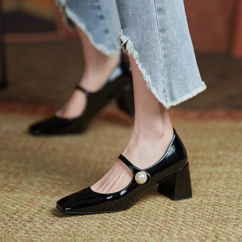 Shoes for Women2023New Elegant Woman Heels Shoe Mary Jane Shoe Patent Leather Square Head Thick Heel Shoe Red Party Wedding Shoe 4