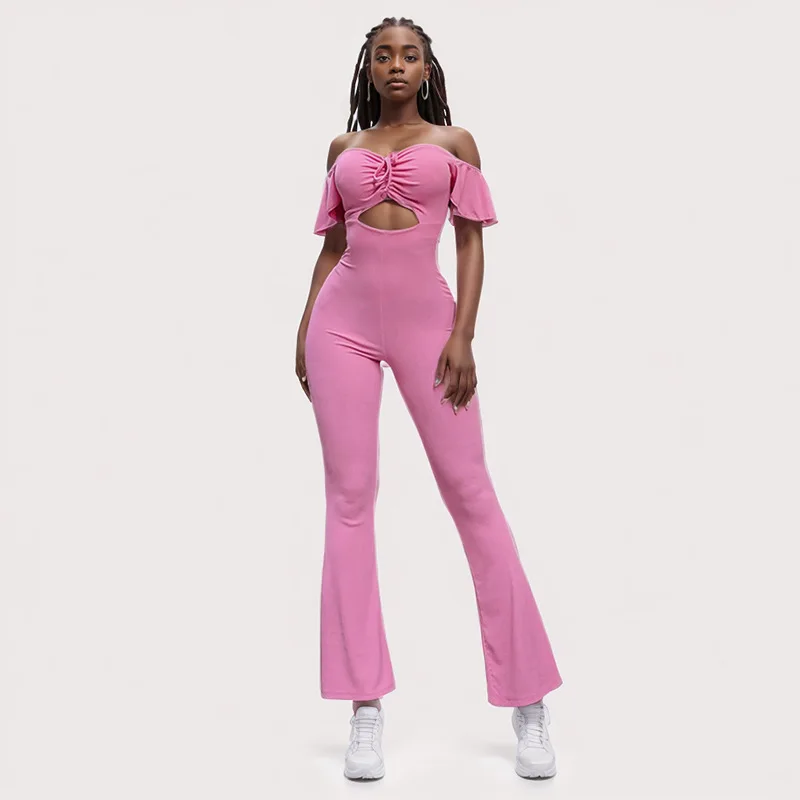 

2024 Short Sleeve Low Back Sexy Summer Jumpsuit Hollow Out Solid Slim Overalls for Women Slash Neck One Piece Club Outfit Women