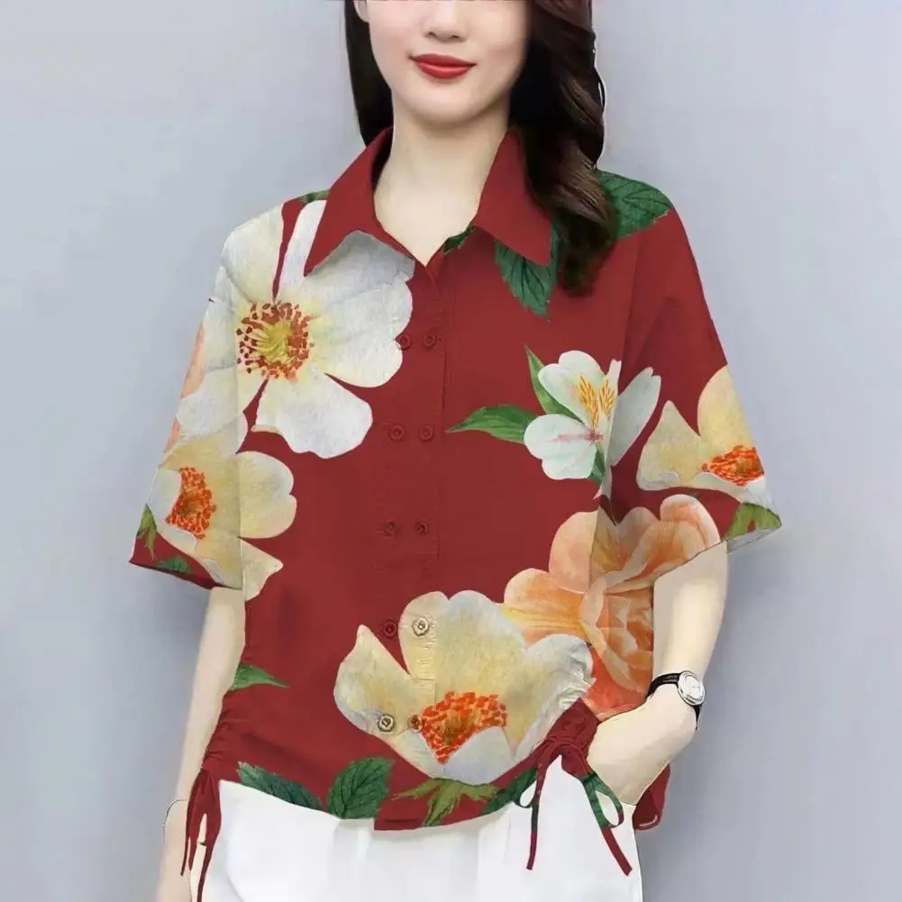 

Lightweight Top Floral Patterned Lapel Shirt for Women with Double Breasted Design Drawstring Detail Loose Fit Summer Top Side
