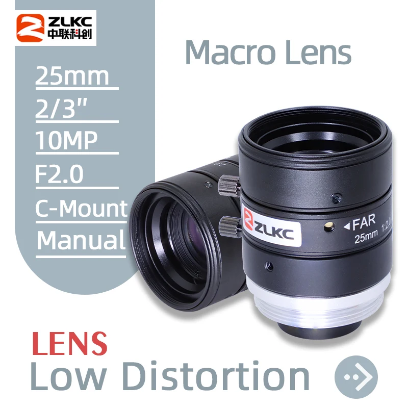 

ZLKC 25mm Fixed Focal Length 10MP C Mount Lens 2/3 Inch Aperture Manual Iris F2.0 FA Macro Lens Low Distortion HD Machine Vision
