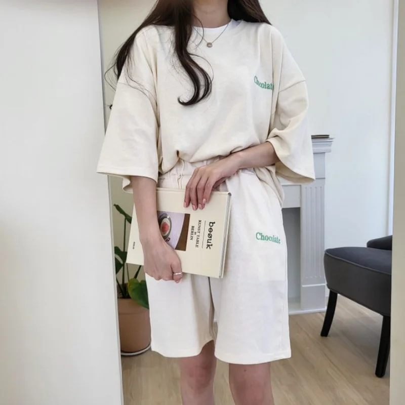 Women Tracksuit Summer Solid T-shirt Shorts Matching Outfit Casual Two Piece Set Female Loose Sportswear Suit Student Sports Tee