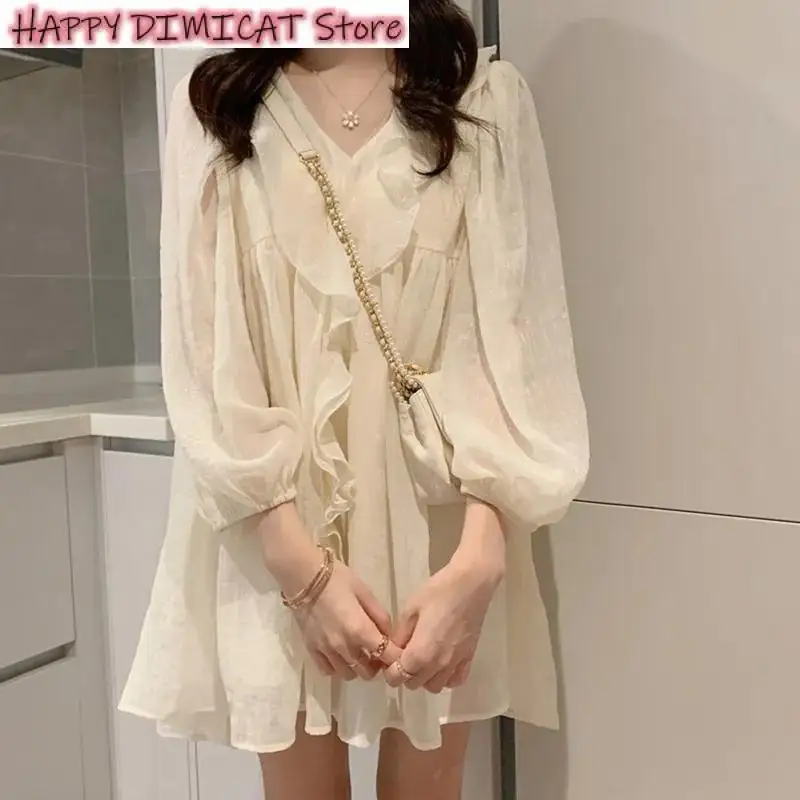 

Мини-платье женское шифоновое с оборками, V-образным вырезом и длинным рукавом