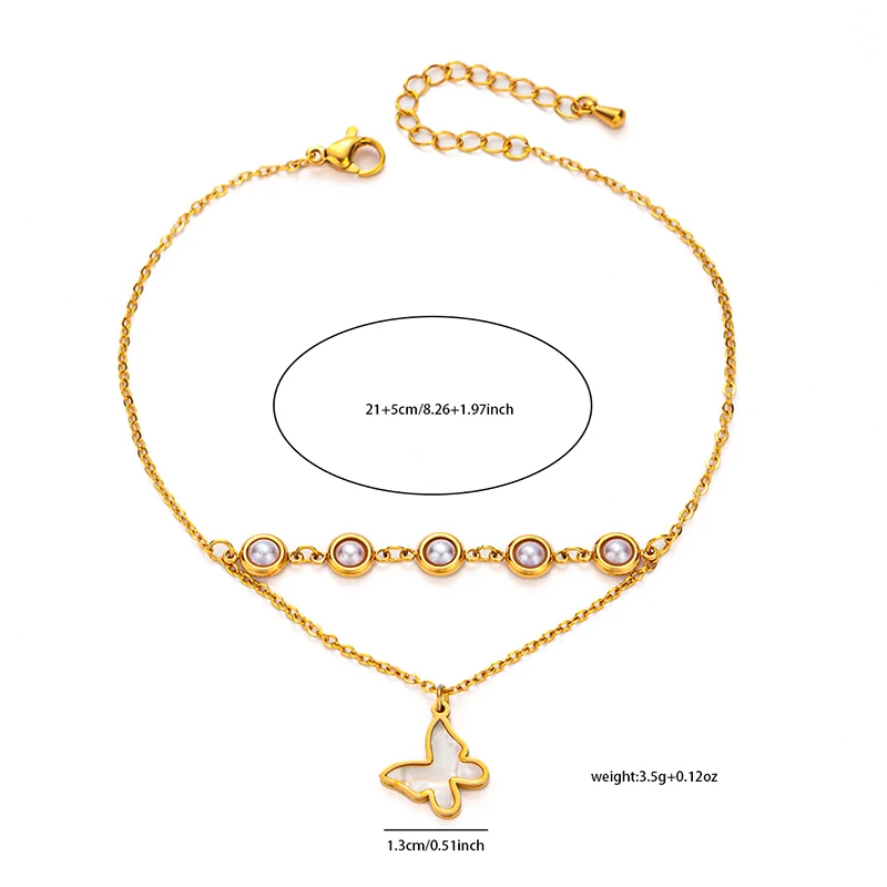 ANENJERY 316L Stainless Steel Imitation Pearls Butterfly Flower Tassels Anklet for Women Delicate Simple Jewelry Wholesale