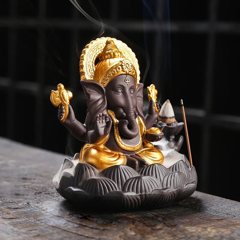 Handicrafts Lucky Ganesha Elephant Waterfall Backflow Incense Burner Home Decor Incense Stick Holder Lotus Censer (no Incense)