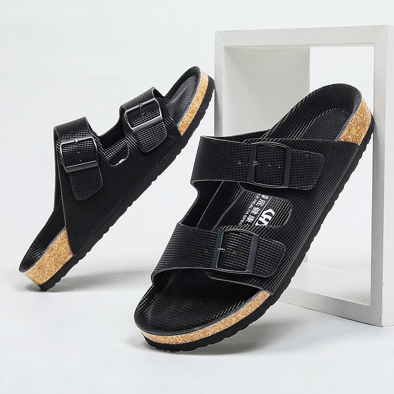Summer Men Cork Slippers Slides Clogs Casual Slip On Sandals Double Buckle Women Microfiber Leather Unisex Big Size 47 48 49 — view 5