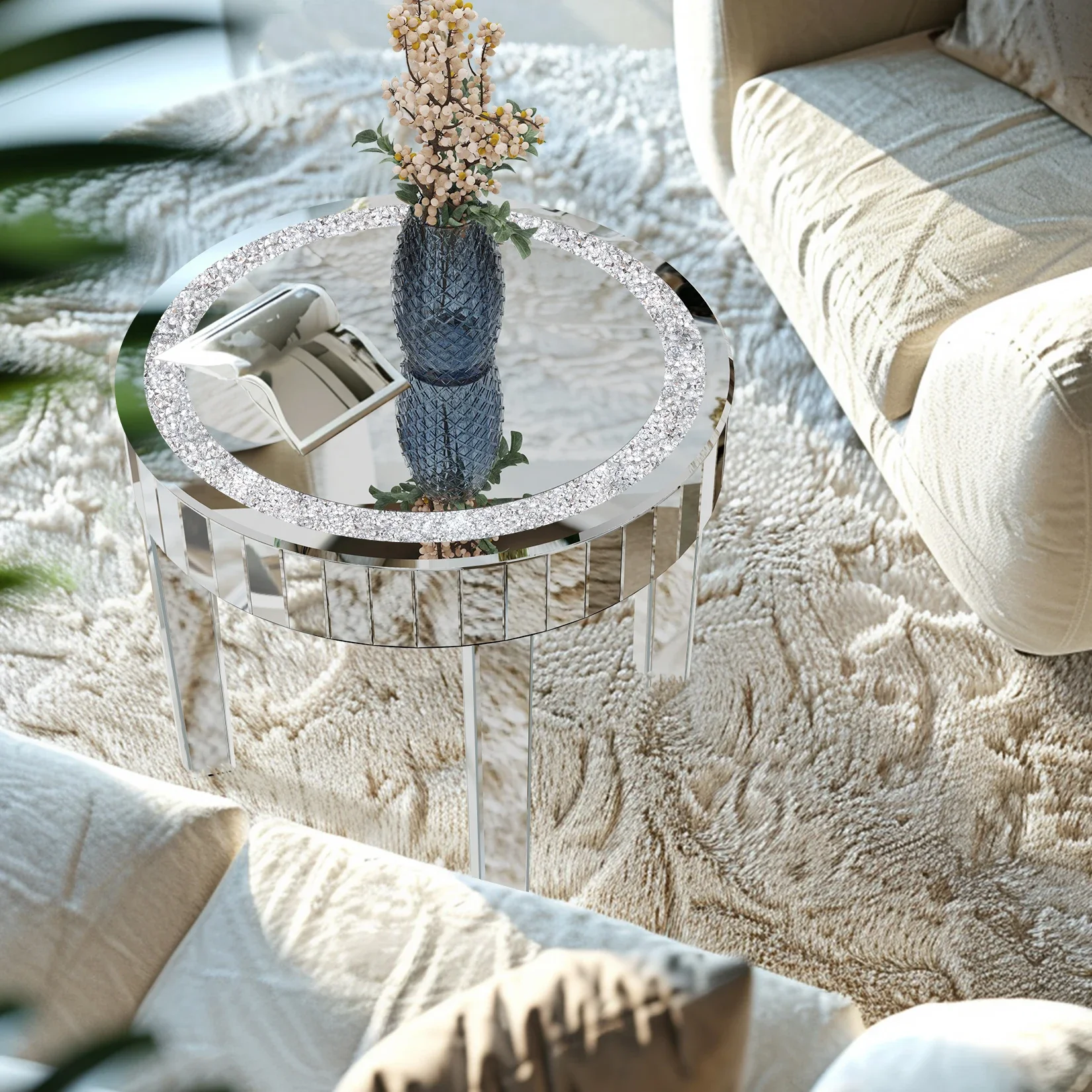 Crushed Crystal Round Coffee Table Glitz Sparkle Diamond Sofa Side Accent Table Bedside