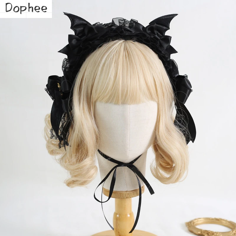 

Dophee Original Dark Lolita Gothic Winged Demon Hairband Hairpin Spice Girls Halloween Headwear Lace Bow Cos Hair Accessory