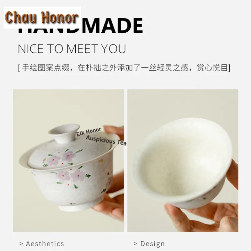 Hand-painted Cherry Blossoms Gaiwan Zen Not Hot Tea Tureen Tea Bowl With Lid Kit Tea Brewing Cover Bowl Tea Ceremony Collection