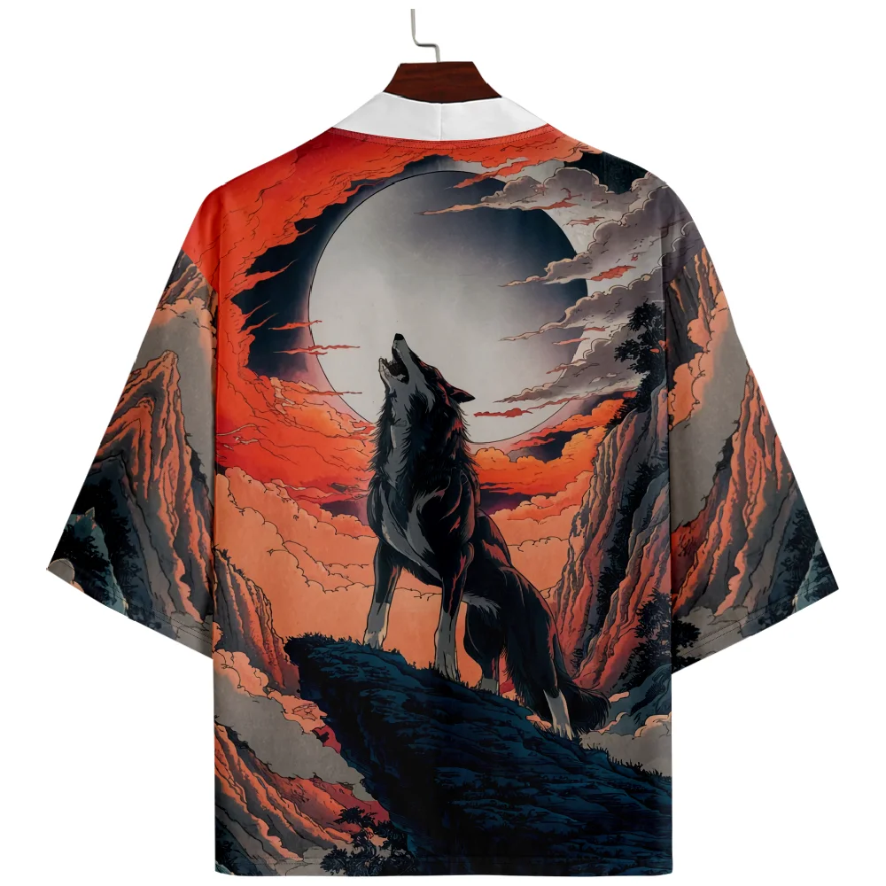 Oversized Wolf Print Fashion Japanese Cosplay Kimono Cardigan Men Shirts Yukata Haori Traditional Asian Clothing Plus Size