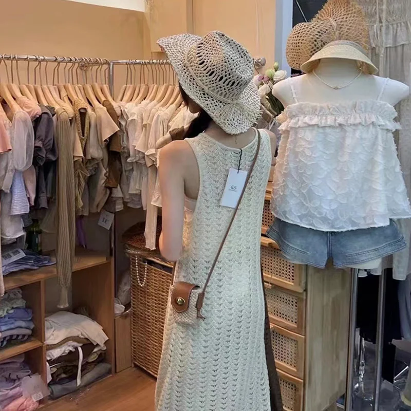 Vestido de punto de verano para mujer, color liso, con escote redondo, sin mangas, con abertura en el dobladillo, vestido de ganchillo, vestidos de fiesta de los años 2000
