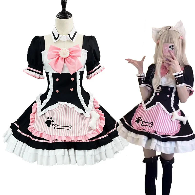 Cute Cat Lolita Maid Dress Ruffle Short Sleeve Summer NEKOPARA Cosplay for Neko Girls Woman Waitress Maid Party Stage Costume