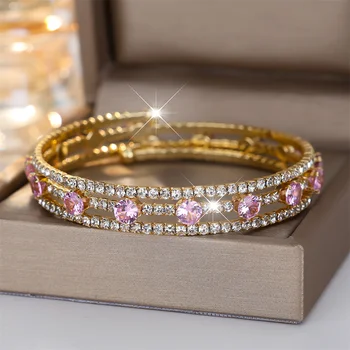 Pink Crystal Round Stone Fashion Rhinestone Zircon Bangle Bracelets For Women Vintage Gold Color Wedding Jewelry Bridal Bracelet