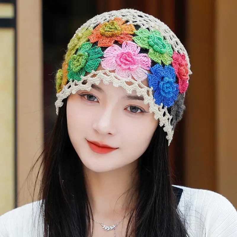 Japanese Spring Summer Literary and Artistic Colorful Flower Hollow Bag Head Hat Women Sweet Fashion Hand-crocheted Beanie Cap 3