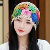 Japanese Spring Summer Literary and Artistic Colorful Flower Hollow Bag Head Hat Women Sweet Fashion Hand-crocheted Beanie Cap 3