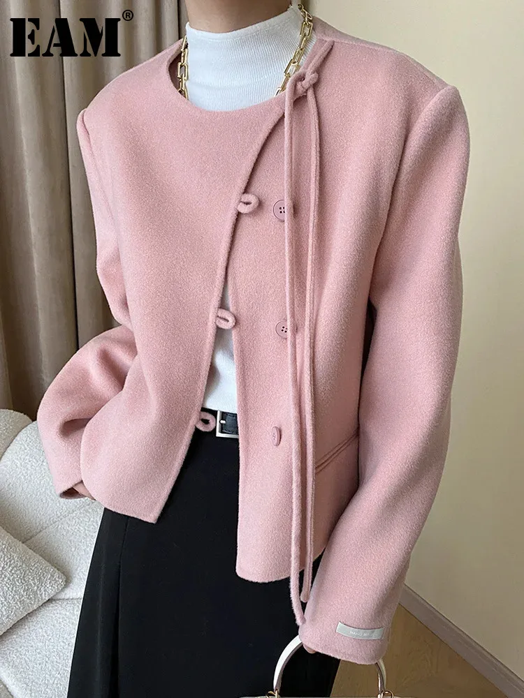 

[EAM] Plaid Bandage Short Big Size Woolen Coat New Round Neck Long Sleeve Women Jacket Fashion Tide Autumn Winter 2023 1DH1655